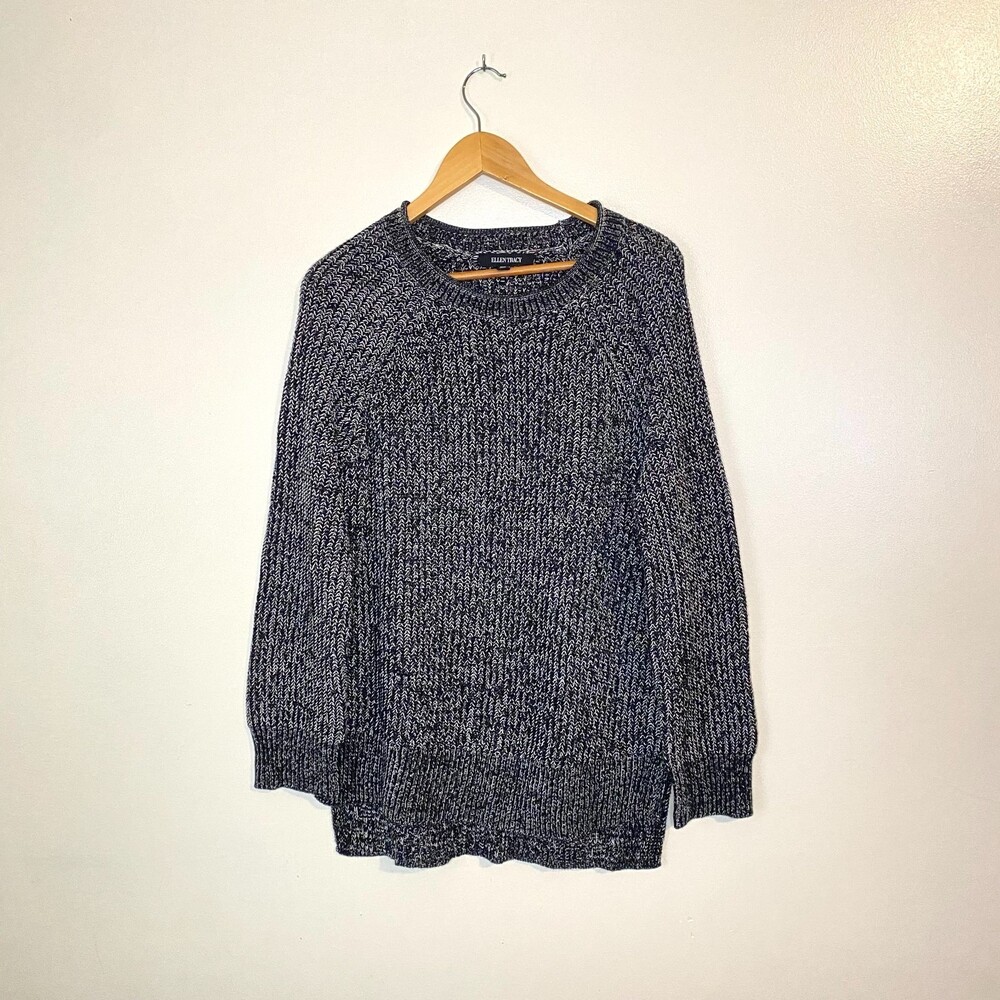 Ellen Tracy Cotton Blend Thick Knit Gray Marl Tunic Split Hem Sweater Size M
